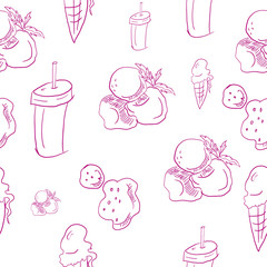 vector cute seamless pattern made with sketchy sweets - a milkshake, an ice cream and cookies.