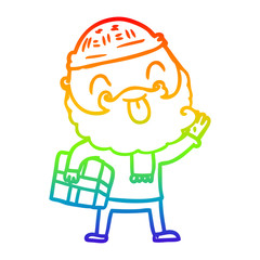 rainbow gradient line drawing man with beard carrying christmas present