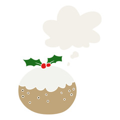 cartoon christmas pudding and thought bubble in retro style