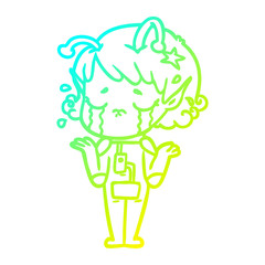 cold gradient line drawing cartoon crying alien girl