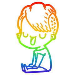 rainbow gradient line drawing cute cartoon girl with hipster haircut