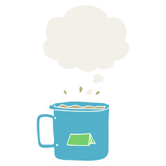 cartoon camping mug and thought bubble in retro style