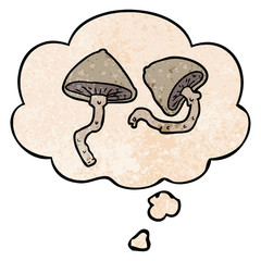 cartoon mushrooms and thought bubble in grunge texture pattern style