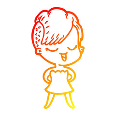 warm gradient line drawing happy cartoon girl in cocktail dress