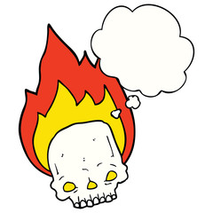 spooky cartoon flaming skull and thought bubble