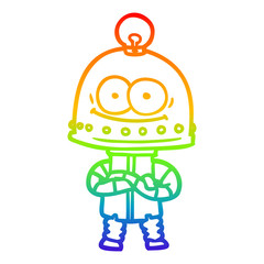 rainbow gradient line drawing happy carton robot with light bulb