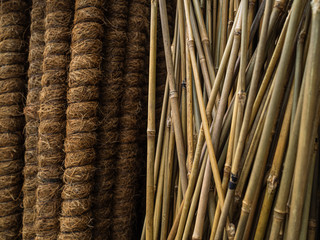 Bamboo supports for garden plants. Thin and durable bamboo rods for different plants in the garden