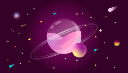 digital illustration of a miracle lilac planet with satellites, comets, different small planets and stars.