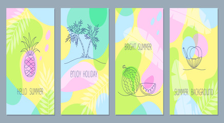 vector vivid set of thematic summer posters with one line illustrations. Different artistic techniques.