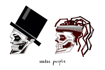 vector flat collection of two most famous loas of African voodoo - Papa Legba and Baron Samedi. Can be also used for themes of aesthetic of death, Halloween, Dia de los Muertos etc.