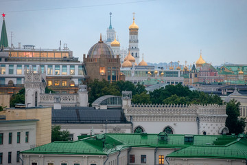 View of the roofs of residential buildings, Voentorg Buildings and Moscow Kremlin buildings