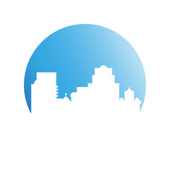 city tower building in blue circle button