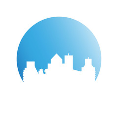 city tower building in blue circle button