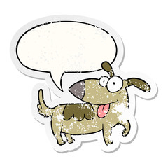 cartoon happy dog and speech bubble distressed sticker