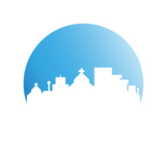 city tower building in blue circle button