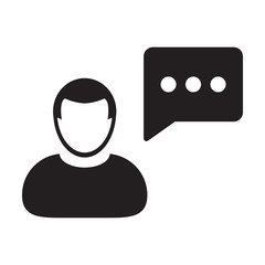 Chat icon vector male person profile avatar with speech bubble symbol for discussion and information in flat color glyph pictogram illustration