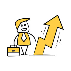 doodle stick figure businessman with increasing arrow chart