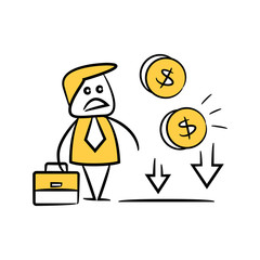 doodle stick figure businessman with money crisis concept