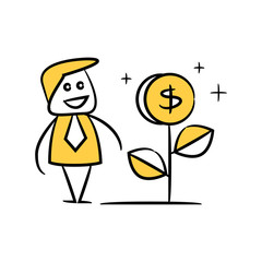 doodle stick figure businessman with money plant