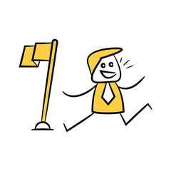 doodle businessman running to flag for success and achievement concept