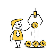 doodle stick figure businessman controlling money making machine