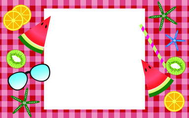 Summer border in picnic table background with fruits like orange, watermelon, kiwi and other elements like sunglasses, starfish.