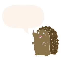 cartoon happy hedgehog and speech bubble in retro style