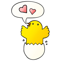 cute hatching chick cartoon and speech bubble in smooth gradient style