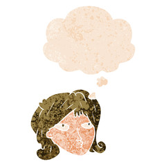 cartoon woman and thought bubble in retro textured style