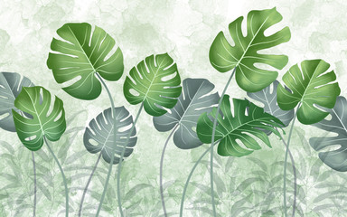 Tropical green leaves on a light green marble background