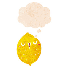 cartoon happy lemon and thought bubble in retro textured style
