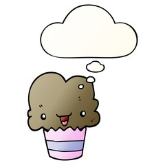 cartoon cupcake with face and thought bubble in smooth gradient style