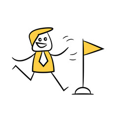 doodle businessman running to flag for success and achievement concept