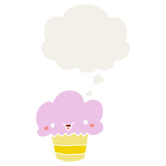 cartoon cupcake with face and thought bubble in retro style