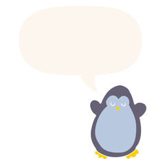 cartoon penguin and speech bubble in retro style