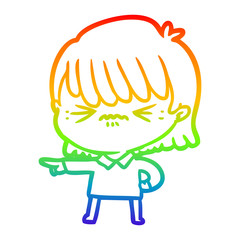 rainbow gradient line drawing annoyed cartoon girl making accusation