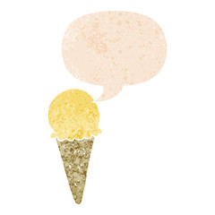 cartoon ice cream and speech bubble in retro textured style