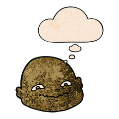cartoon bald man and thought bubble in grunge texture pattern style