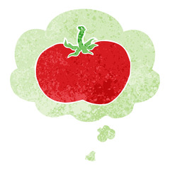 cartoon tomato and thought bubble in retro textured style