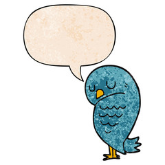 cartoon bird and speech bubble in retro texture style