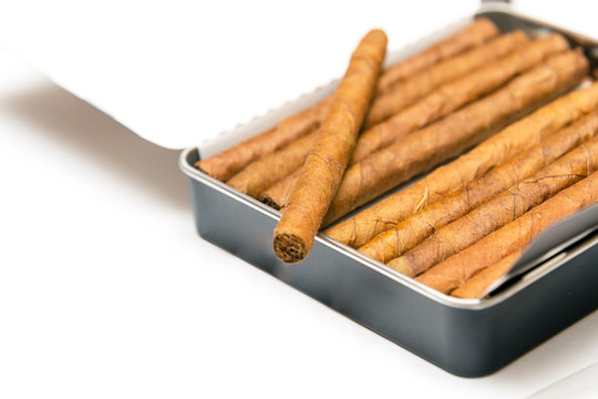 Box of cigarillos on a white background. On the box is one cigarillo