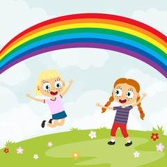 Obraz na płótnie Canvas summer time happy kids having fun in front of rainbow