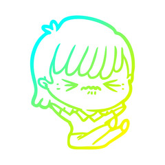 cold gradient line drawing annoyed cartoon girl falling over