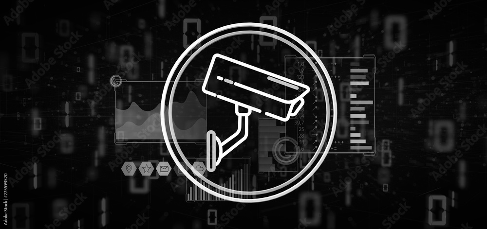 Poster security camera system icon and statistics data - 3d rendering