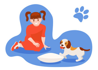 Girl plays with a dog, and feeds her from bowl.