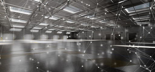 Connection over a warehouse goods stock background 3d rendering