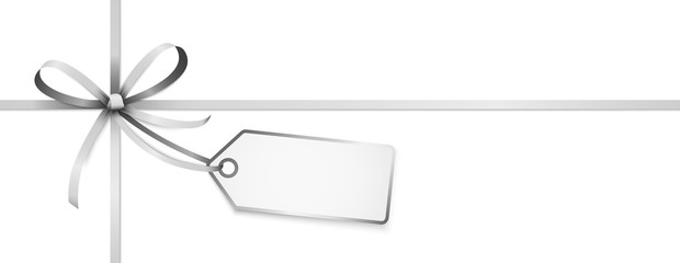 silver colored ribbon bow with hang tag