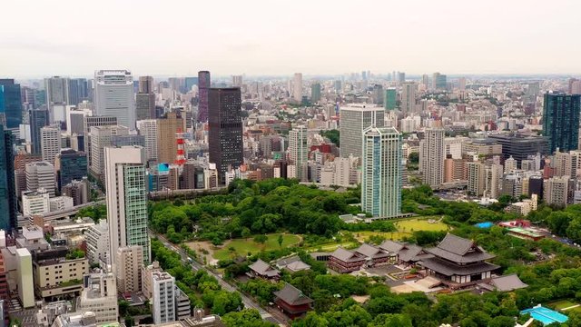 tokyo panorama in aerial view, cityscape with park and downtown buildings