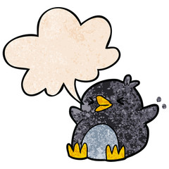 cartoon penguin and speech bubble in retro texture style