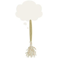 cartoon magic broom and thought bubble in retro style